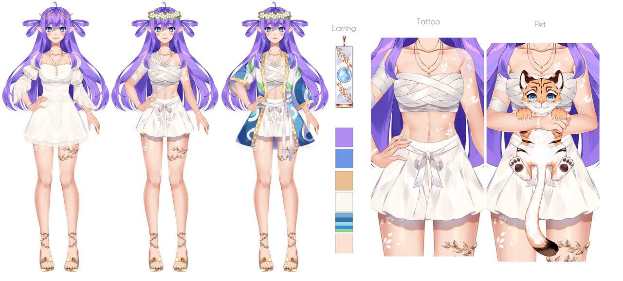 White tattoos: flower pattern across her body, vine patterns around her wrists, across her face, under her eyes, on the tips of the ears.